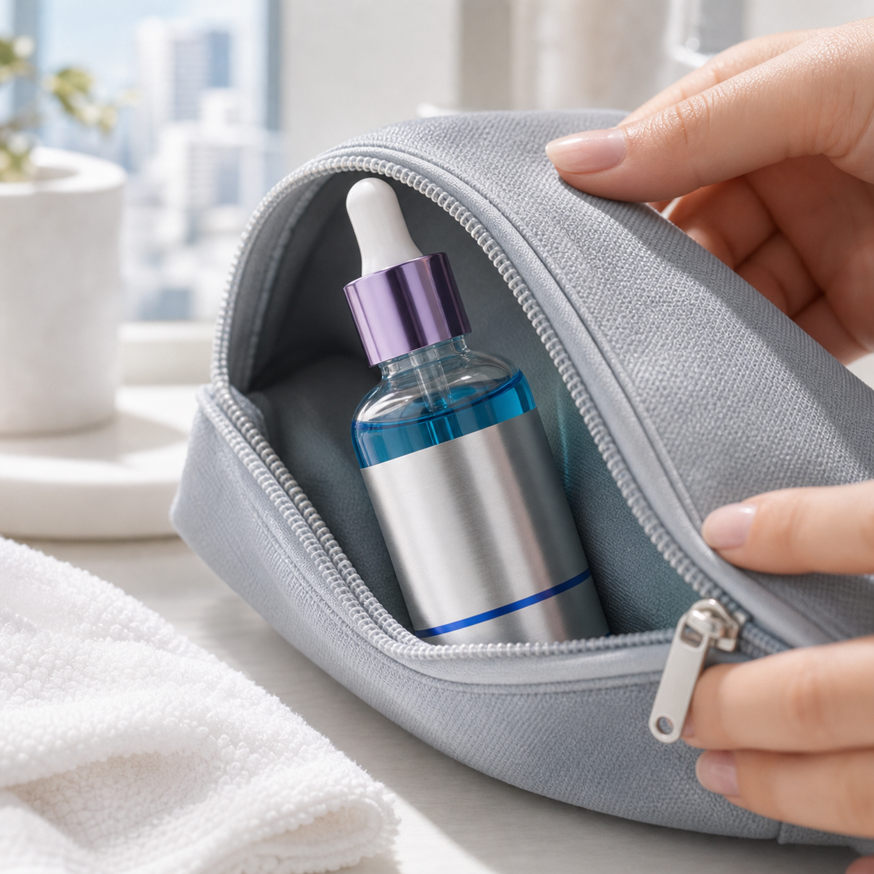 Sérum azul dentro da necessaire da rotina diária